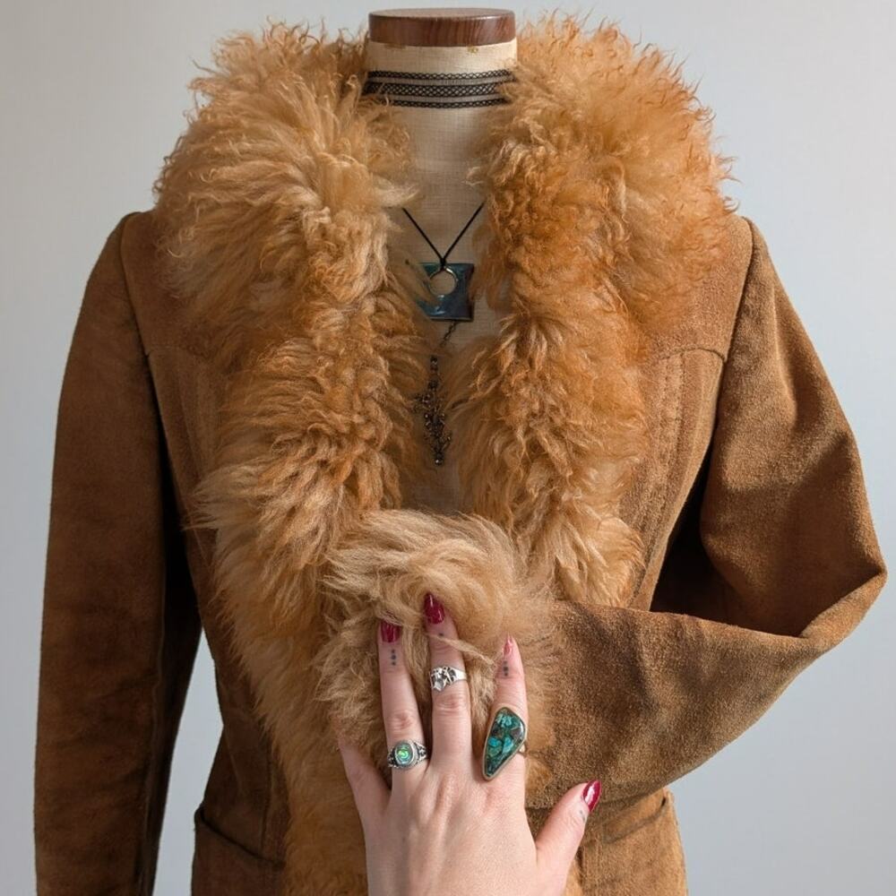 Vintage Rusty Orange Suede Penny Lane Jacket Leather Trench Coat Fur Coat Small - Picture 7 of 10
